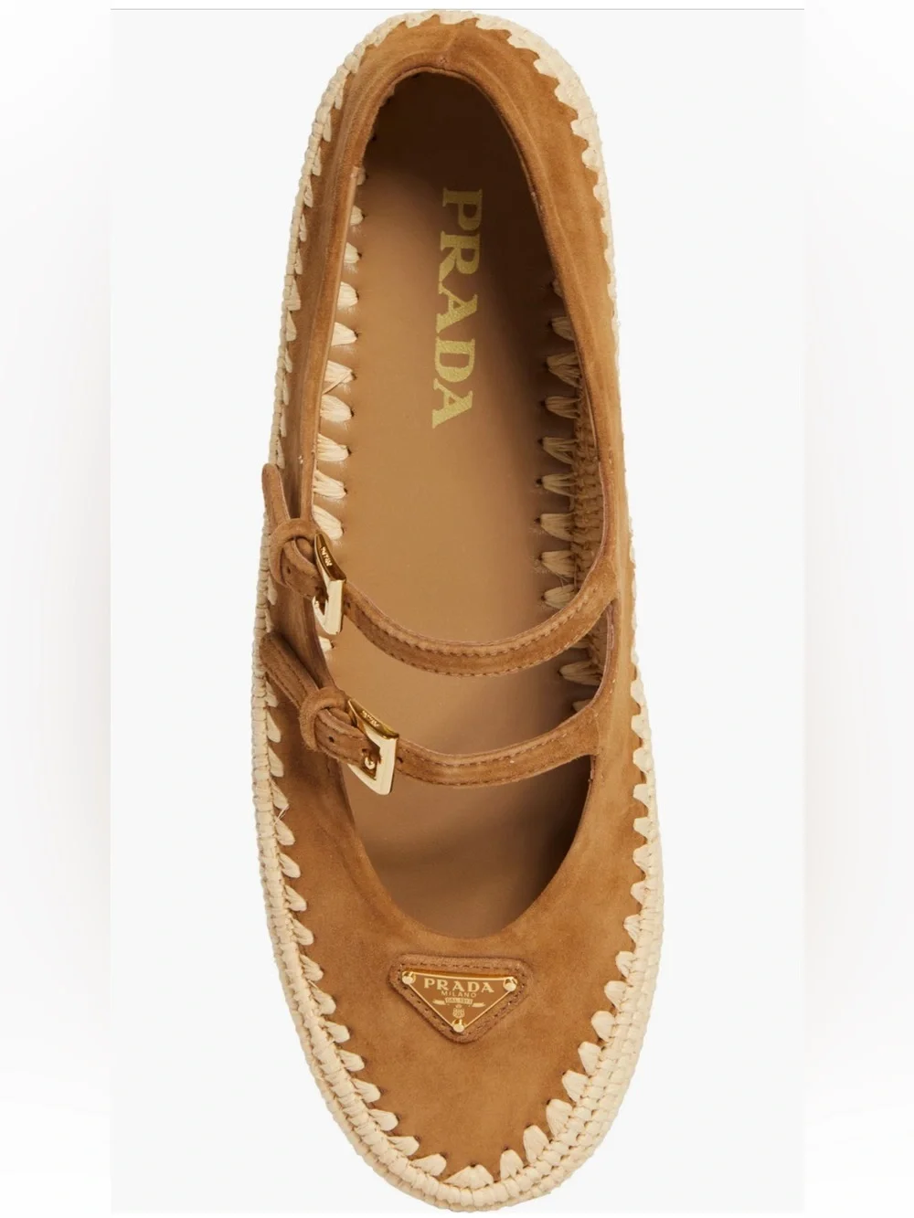 Prada Rama Raffia Double Strap Mary Jane Flat Brown Suede 10US 40EU New $1250